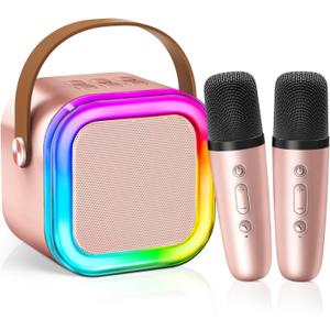 2025 Newest Mini Karaoke Machine for Kids Girls & Boys - Portable Bluetooth Speaker with 2 Wireless Microphones - Kids Birthday Gifts for Ages 4-10 - Kids' Instrument Accessories - Rose Gold