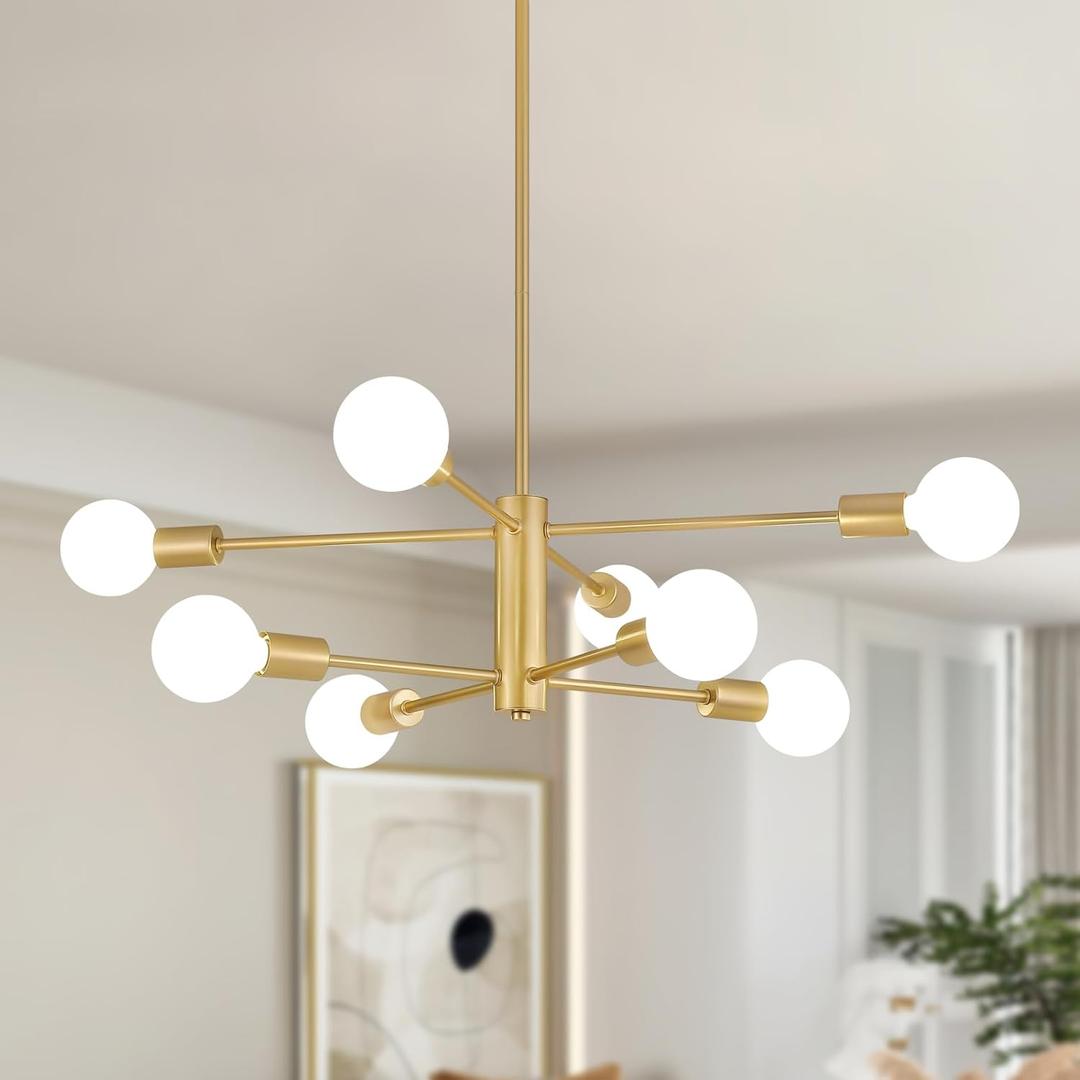 AMZASA Gold Sputnik Chandelier 8 Light Modern Industrial Mid Century Modern Light Fixture for Dining Room Kitchen Living Room Entryway Bedroom Plating Shining Gold Finished UL Listed (Gold 8 Lights)