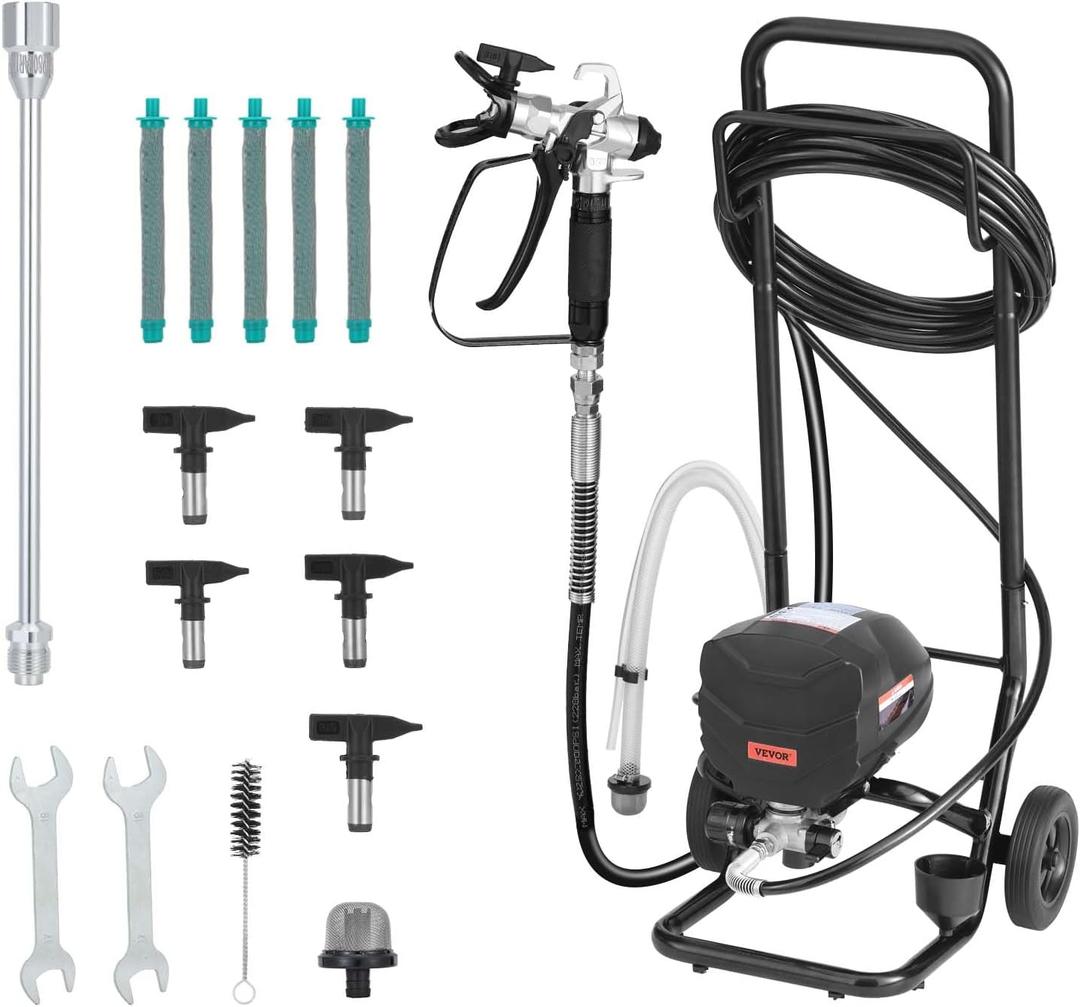 VEVOR Stand Airless Paint Sprayer, 650W, 3000PSI High Pressure Airless Sprayer with Cart, Cleaning Brush, Hose, Extension Rod, Nozzles, Electric Spray Paint Machine for House Exterior and Interior