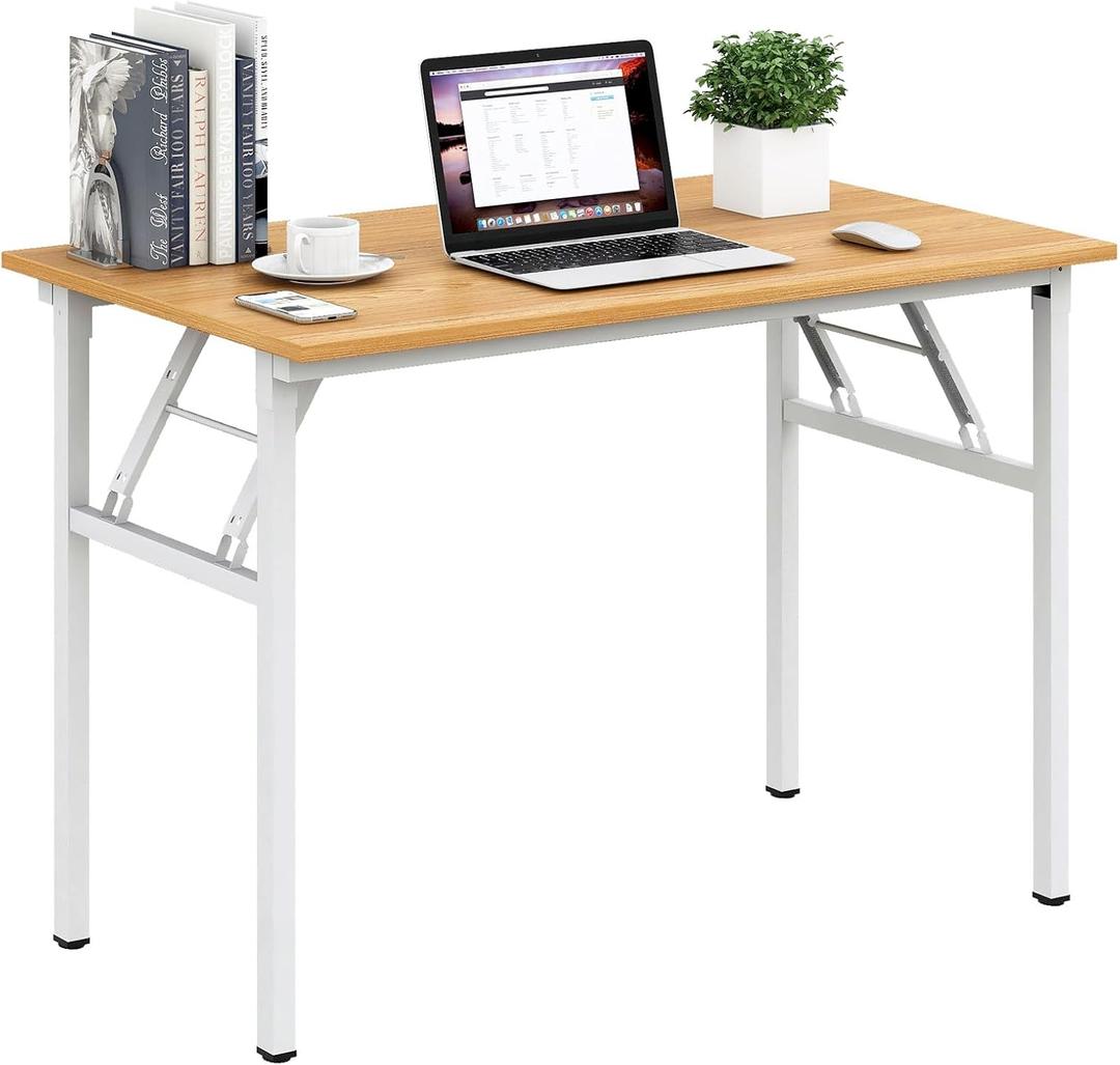 Need Folding Desk for Home Office 39-3/8 inch Length Modern Folding Table Computer Desk No Install Needed Teak Color Desktop White Frame AC5BW(100 * 60)