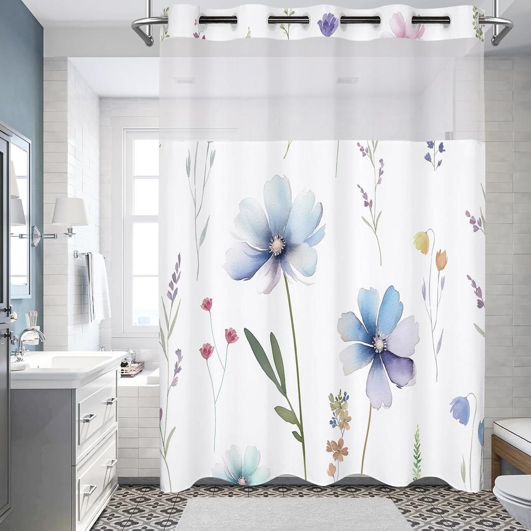 No Hook Shower Curtain with Snap in Liner Set,Modern Blue Floral Shower Curtains for Bathroom Hotel Decor 71 x 74in No Hook Shower Curtain with Snap in Liner Set,Modern Blue Floral Shower Curtains for Bathroom Hotel Decor 71 x 74in