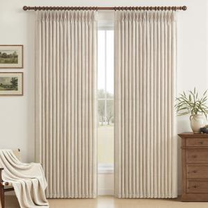 Pinch Pleat Natural Classroom Window Curtains 92 Inches Long 2 Panels Set, Memory Trained Semi Sheer Light Filtering Linen Blend Curtain 50 Inches Wide Track System Office Privacy Country Drapes Decor