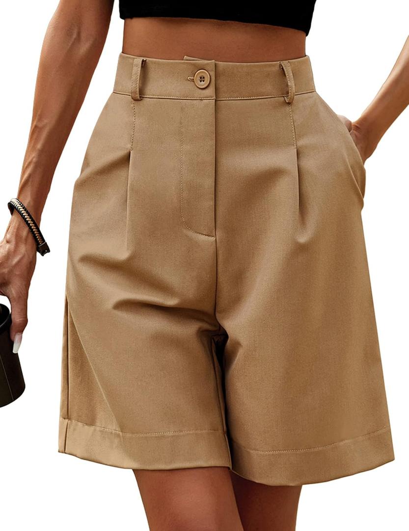 HOTOUCH Bermuda Shorts for Women Summer Dressy Casual Elastic High Waisted Wide Leg Knee Length Shorts with Pockets (3X-Large, Camel)