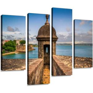 HIPOLOTUS 4 Panel Canvas Pictures old san juan survelliance outpost puerto rico stock pictures royalty Wall Art Prints Paintings Stretched & Framed Poster Home Living Room Decoration Ready to Hang (4PCS, Color1), 12''x24''x 2pcs +12''x32''x 2pcs 