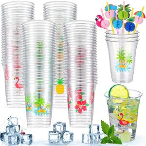 Dandat 100 Sets Hawaii Laua Party Cup 100 Pcs 12oz Plastic Tropical Coconut Cups with 100 Pcs Straws Disposable Clear Drinking Drinkware for Summer Beach Birthday Bachelorette Party Favors(Tropical)