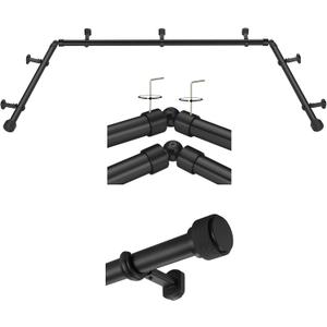 1-1/8 Inch Corner Curtain Rod for Windows - Telescoping Bay Window Curtain Rods - Solid Aluminum Finials - Adjustable Concealed Mounting Bracket - 36-72"Center Rod - 20-36"Side Rods - Black