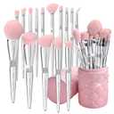 Bueart Design Elegant pink Ultra soft labeled Makeup Brushes Sets with Brush Holder makeup brush set with Foundation Powder blush blending contour Brush (15Pcs Silver Pink+Holder)