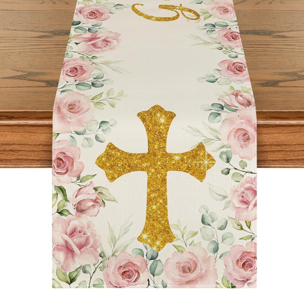 Artoid Mode Pink God Bless Girl Baptism Baby Shower Table Runner, First Holy Communion Christening Holiday Kitchen Dining Table Decoration for Home Party Decor 13x36 Inch