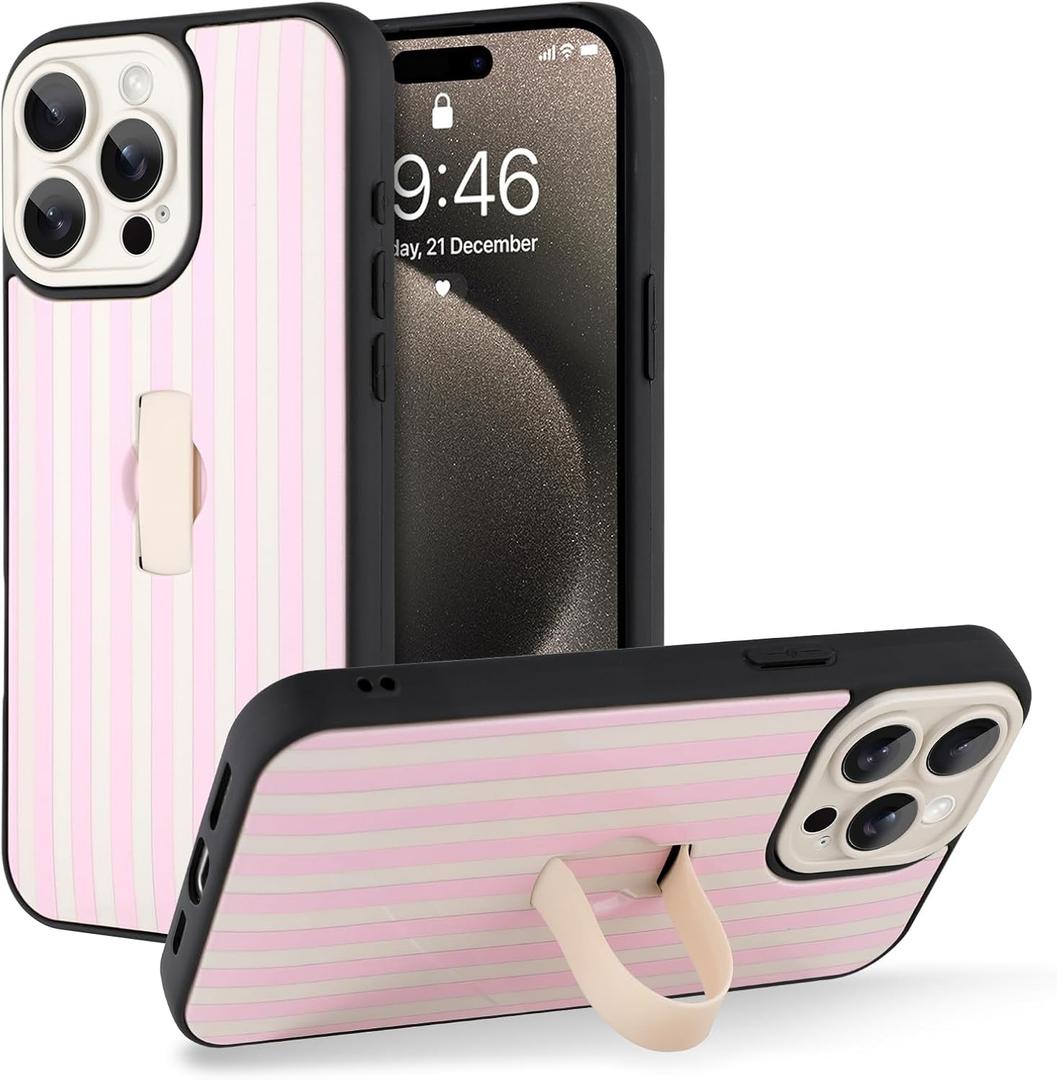 KANGHAR for iPhone 15 Pro Max Case Stand White and Pink Stripes Full Body Rugged Shockproof Protection Glossy Protective Slim Case 6.7 Inch