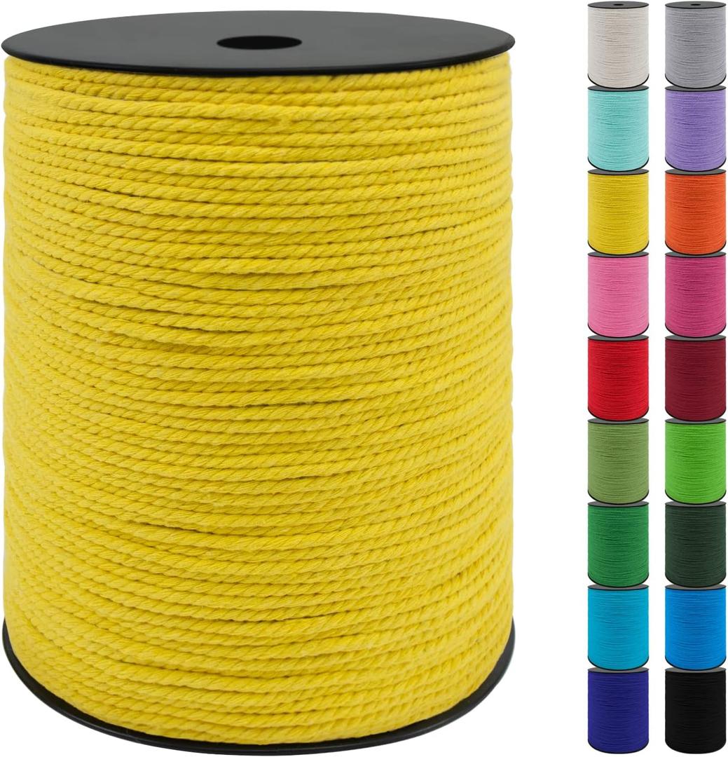 JeogYong 3mm Macrame Cord, 984 Feet Natural Macrame Rope Yarn, 3 Strand Twisted Cotton String for DIY Crafts Wall Hanging Plant Hangers Gift Wrapping Decorations (Lemon Yellow)