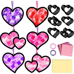 Qyeahkj 36 Set Valentine's Day Suncatchers Crafts for Kids DIY Valentines Day Love Heart Window Tissue Paper Craft Kit Hanging Decor for Classroom Home Activity Art Project Birthday Party Favor Gift