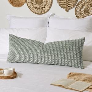 Kevin Textile 14x36 Inch Long Lumbar 1 Pack Boho Decorative Throw Pillow Cover Soft Striped Corduroy Rectangle Cushion Case Farmhouse Solid Color Accent for Living Room Couch Sofa Bed, Greyish Green