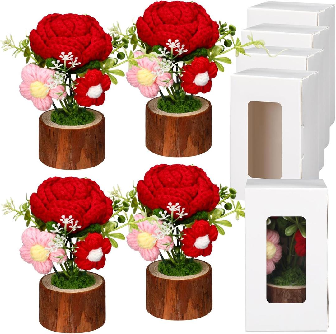4 Pcs Handmade Rose Crochet Rose Bouquet Knitted Creative Potted Plant Handmade Crochet Flowers Creative Thank You Gifts for Mother's Day Never Wilt Artificial Flower