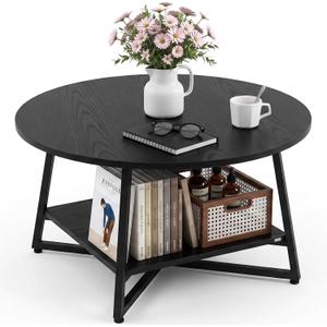 YANPU Round Coffee Table, 2-Tier Wood Coffee Table with Storage Shelf, Modern Circle Wood Desktop for Living Room, Home Office, Apartment, 36" Round