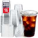 ARTLYMERS 200 Pack - 16 oz Clear Plastic Cups with Lids, Disposable Iced Coffee Cups with Sip Lids for Cold Drinks, Strawless Crystal To Go Cup, Smoothie, Milkshakes, Juices, Coffee Accessories