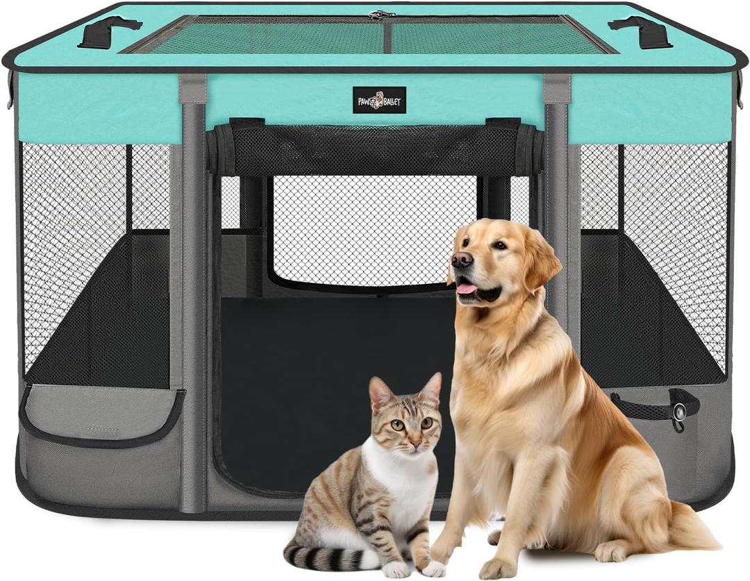 Paw Ballet Foldable Pet Kitten Playpen, Upgrade Waterproof Portable Dog Cat Playpen Kennel Tent for Small Cat Dog, Retractable Shade Cover, Indoor Outdoor Use for Small Pet. (Black Teal 03)