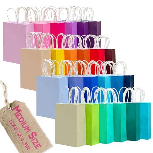 qiqee 100Pcs Paper Gift Bags with Handles - 10.6"x8.3"x4.3" Medium Party Favor Bags - 24 Solid Colors
