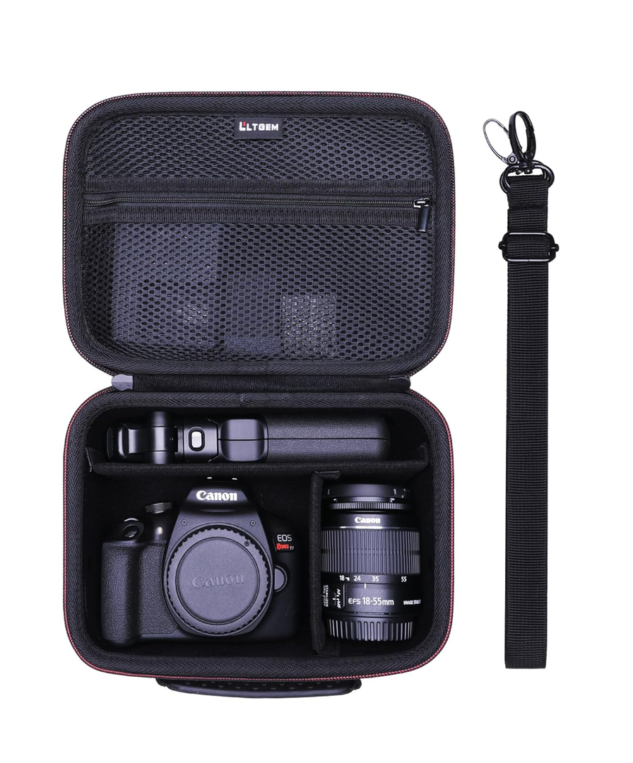 L LTGEM Camera Case Compatible with Canon EOS Rebel T7/R50/R6 Mark II/R100/R50 V/T6/R8/R10/R5 Mark II/RP/R7/5D Mark IV/SL3/R5/T100 DSLR SLR Camera, Len and Tripod with 4 Dividers and Shoulder Strap, Black