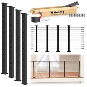 Muzata 15ft-20ft Complete Set 42" Cable Railing Post Kit Include 4Pack Black Cable Deck Railing Posts PS02, 250ft Wire Rope, Swageless Cable Railing System DIY Kit (No Handrail) RWS2 BH4L (42")