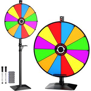 24" Prize Wheel - Dual Use Tabletop or Height Adjustable Floor Stand Heavy Duty Spinner Wheel of Fortune with 12 Slots & Dry Erase & Eraser for Carnival, Trade Show, Fortune Spinning Game