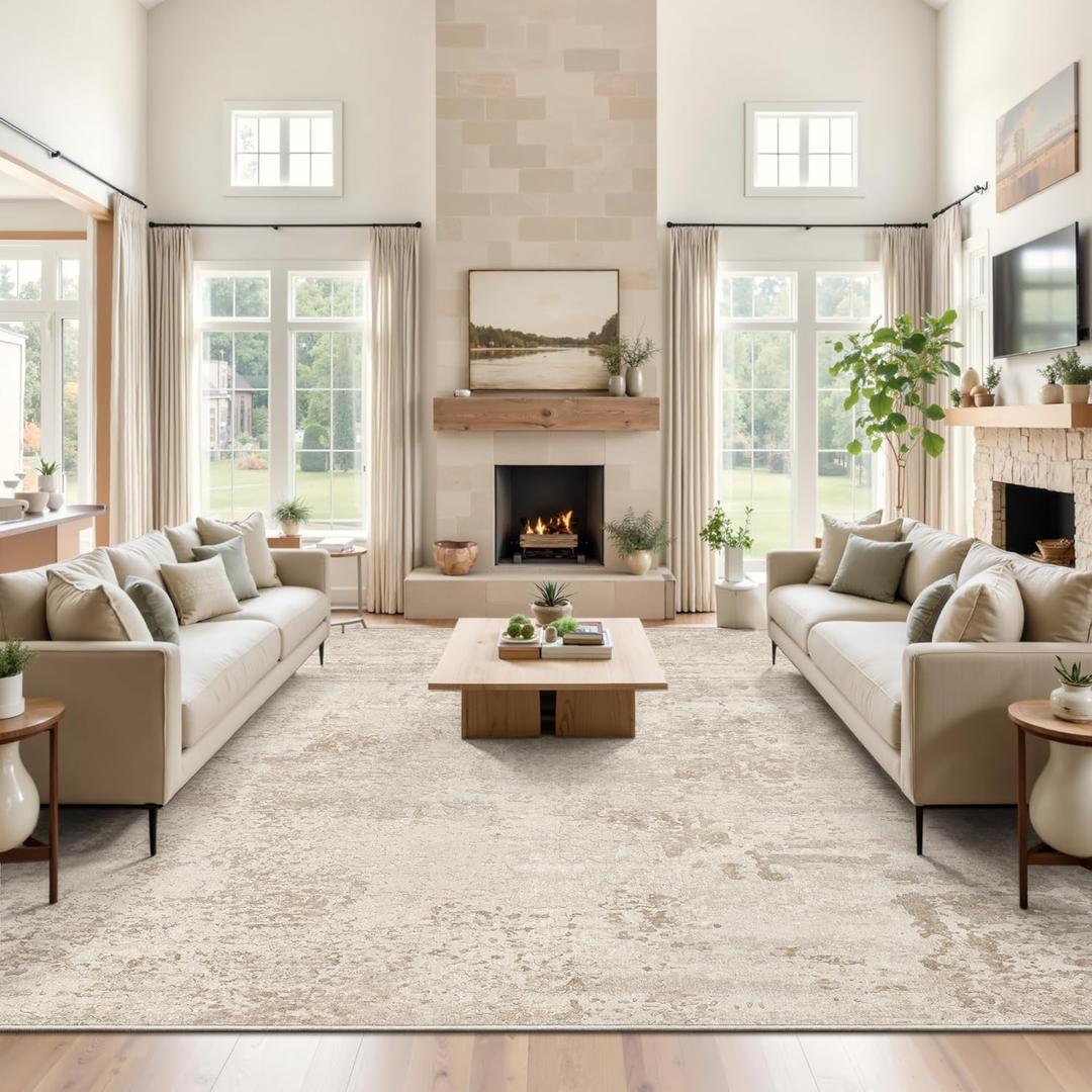 Art&Tuft Washable Rug, Ultra Thin Anti-Slip Backing Abstract 9x12 Area Rug, Low Pile Area Rugs 9x12 Living Room, Stain Resistant Foldable Machine Washable Area Rug (9'x12', Beige)