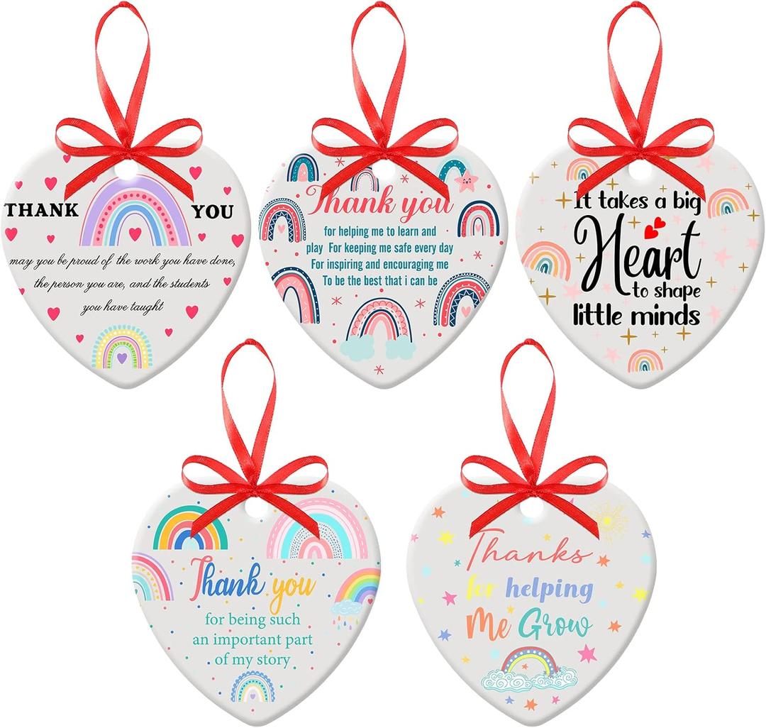 Eaasty 5 Pcs Thank You Gifts for Women Teacher Preschool Daycare Teacher Appreciation Gifts Ceramic Round Heart Thank You Plaque for Teachers Week Gift Office Desk Decoration(Heart Style)