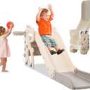 Kids Slide for Toddlers, Indoor Baby Slide & Climber, Freestanding Playset with Basketball Hoop & Ring Game (Beige)