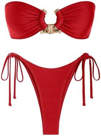 ZAFUL Womens Two Piece Bathing Suit Bandeau Bikini Set High Cut Tie Side Bikini Bottom Metal Ring Swimsuit Shiny Red L
