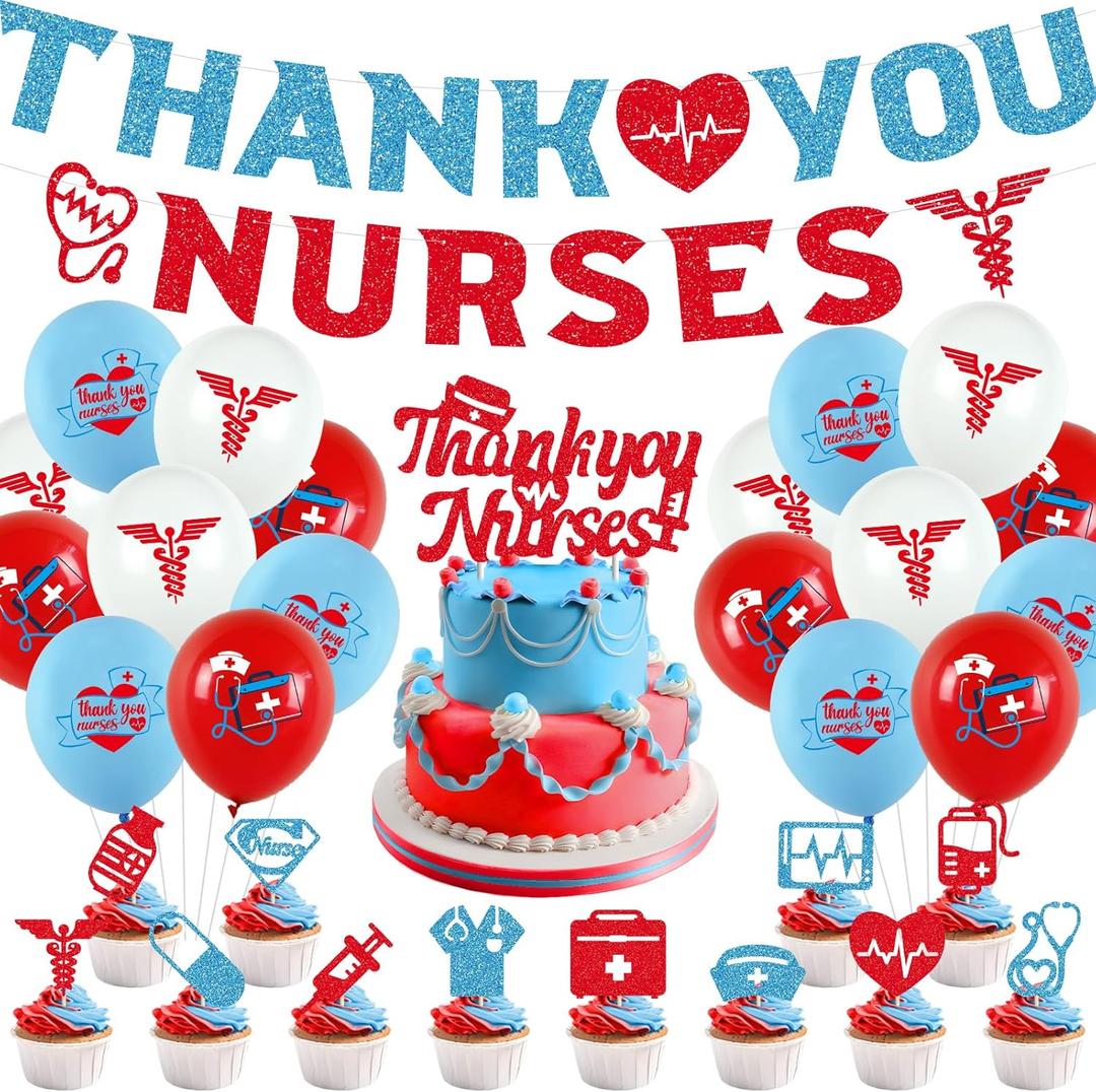 JOPARY Nurses Week 2025 Decorations, Nurses Day Party Supplies with Thank You Nurses Banner, Cake Toppers Set, Balloons for Happy Nurse Week Appreciation Gifts Party Events