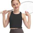 BAMBOO COOL Girls Tank Tops Crop Top Double Lined High Crew Neck Racerback Cropped Undershirts Dance Yoga Gymnastics, M, Black