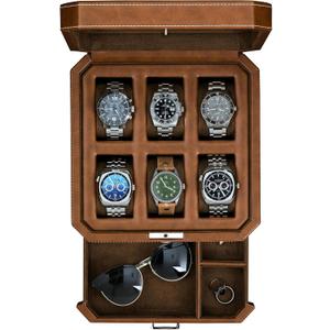 ROTHWELL 6 Slot Leather Watch Box with Valet Drawer - Luxury Case Display Organizer, Microsuede Liner, Locking Mens Jewelry Watches Holder, Men's Watch Storage Large Glass Top (Tan/Brown)