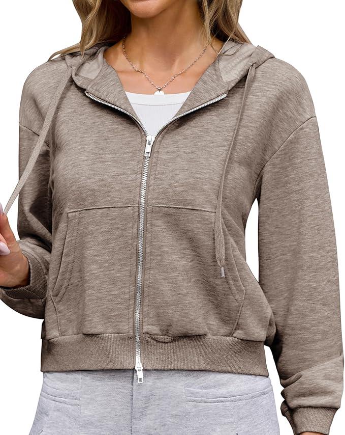 Gardenwed Womens Zip Up Hoodies Oversized Sweatshirts Fall Winter Fashion Outfits Casual Jackets 2025 Taupe M