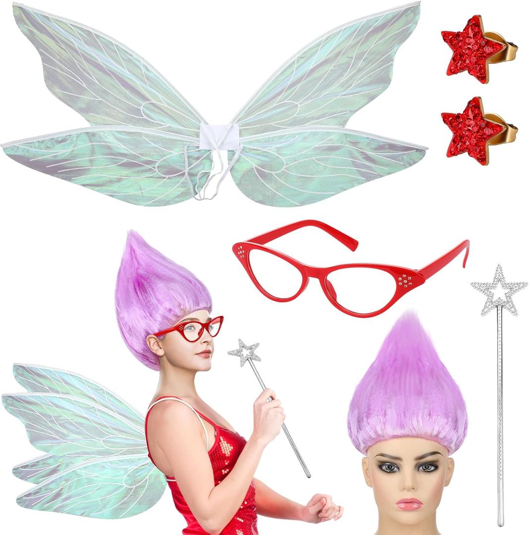 5 Pcs Halloween Godmother Costume Accessories Set Include Purple Godmother Wig Fairy Wings Retro Glasses Wand Sticks and Earrings for Halloween Cosplay Party Favor