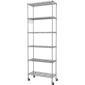 Homdox 6-Tier Storage Shelf Wire Shelving Unit Free Standing Rack Organization with Caster Wheels, Stainless Side Hooks, Silver Gray | Rack Organization, with Caster Wheels, Stainless Side Hooks