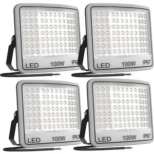 100W LED Flood Light Outdoor, 11000LM Super Bright, Stadium Lights IP67 Waterproof, 6500K for Garage, Yard, Lawn, Stadium, Garden, 9.85 x 12.6 x 2.6 inches, 4 Pack 