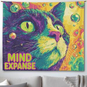 Xolytar Trippy Cat Tapestry Mind Expanse - Psychedelic Hippie Wall Art, Neon Colorful Funny Animal Decor for Stoner Room, College Dorm, Party Background (50x60)