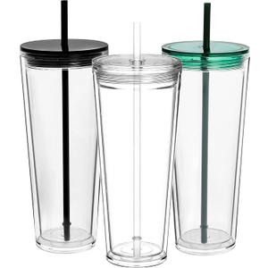Suertestarry 24 oz Clear Tumblers with Lid and Straw, 3 Pack Plastic Tumblers, Reusable Double Wall Insulated Cups for Travel,Parties, Birthdays,Gifts(3, Transparent+Black+Green)