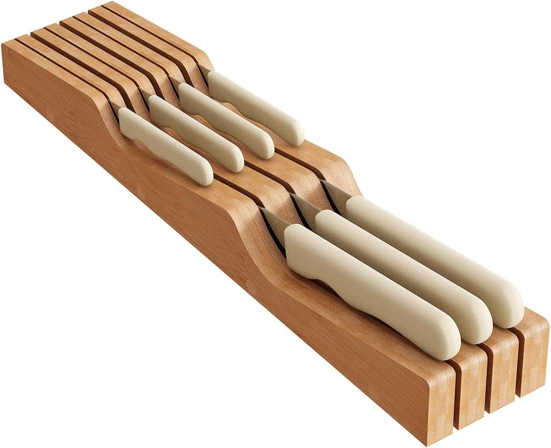 In-Drawer Knife Block Organizer - Bamboo Wood Drawer Knife Organizer-Protecting Knife Organizer Block (Not Included) (Natural, 7 Knives Dock)