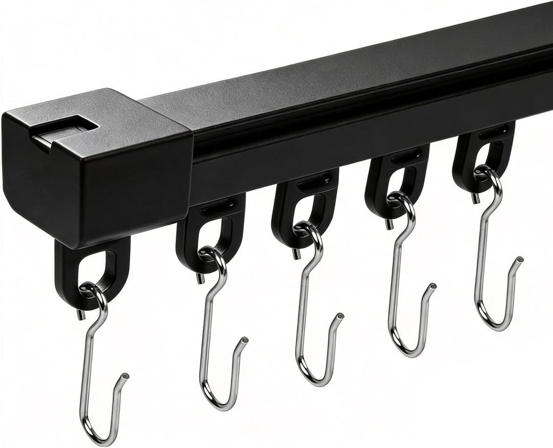 Telescoping 12FT Black Curtain Track, Retractable Ceiling or Wall Mount Rail with Hooks, Easy Install for Room Divider, Living Room, Bedroom, Wardrobe, Office, RV, Bathroom Festive Decor