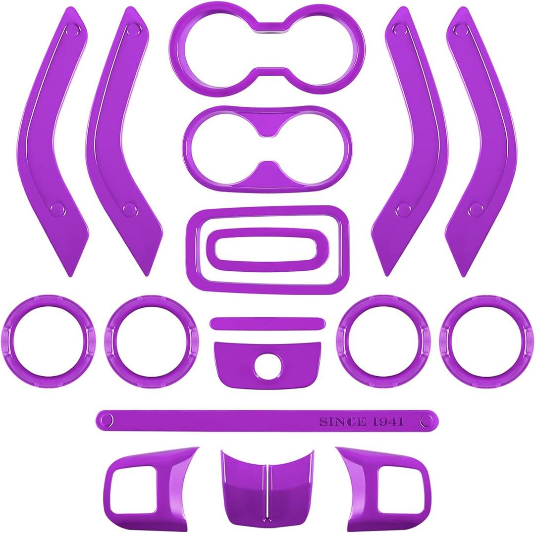 E-cowlboy 18 PCS Full Set Interior Decoration Trim Kit Steering Wheel Center Console Door Handle Air Conditioning Vent Cup Holder Gear Cover Trim for Jeep Wrangler JK JKU 2011-2018 4-Door (Purple)