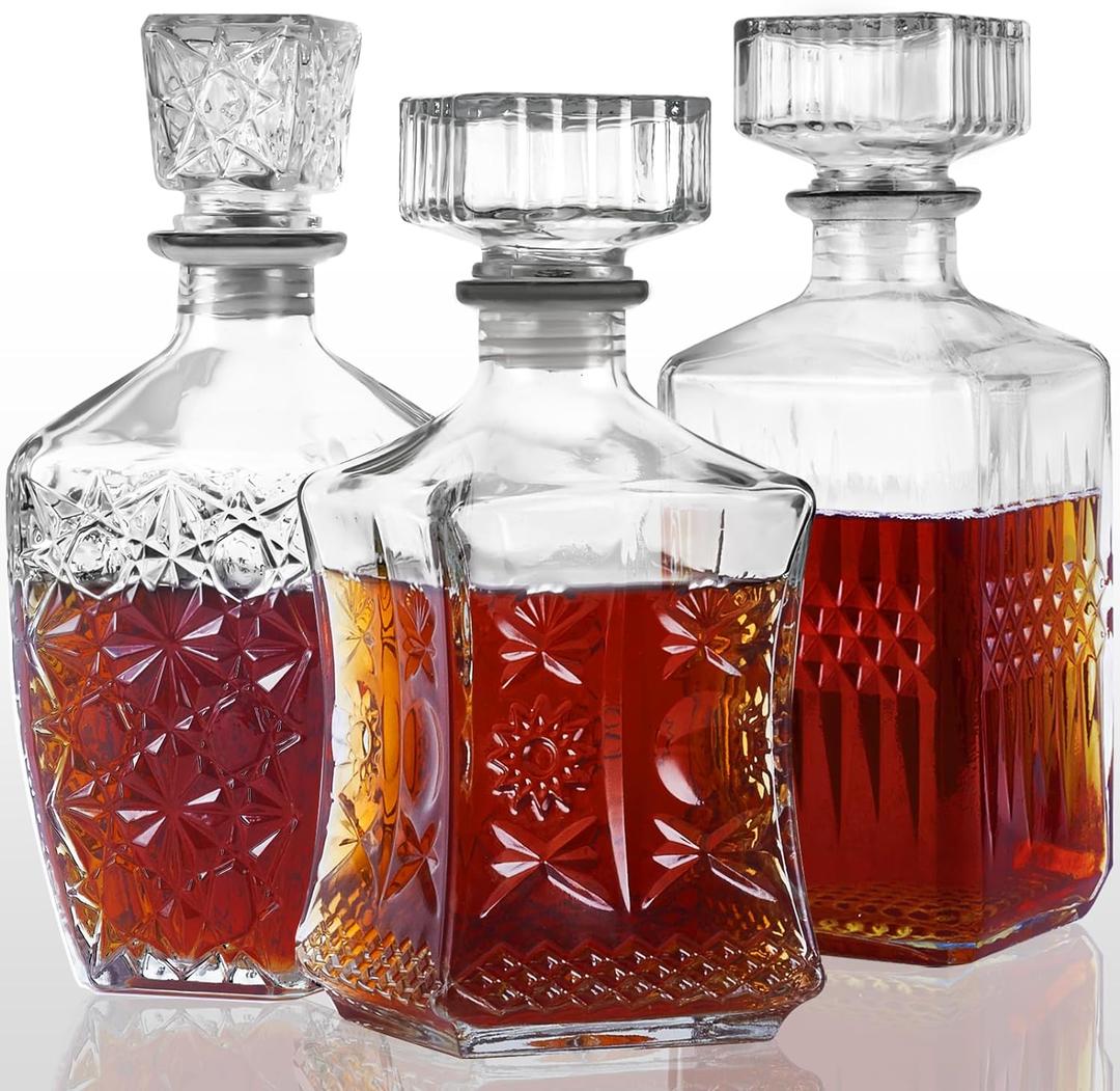 Whiskey Decanter Set of 3 Glass Liquor Decanters, Alcohol Bottles with Airtight Decanter for Tequila, Vodka and Brandy Unique Whiskey presents for Man, Dad, Husband and Home Bar Decor (28oz*2, 31oz*1)