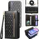 Asuwish Phone Case for Samsung Galaxy A15 5G/4G Zipper Wallet Detachable Magnetic Cell Cover with Tempered Glass Screen Protector Crossbody Strap Bling Flip Credit Card Holder A 15 G5 15A Women Black