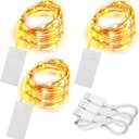 3 Pack Rechargeable String Fairy Lights 10ft 30 LED, 4 Modes Copper Wire Christmas Starry Lighting, Waterproof Micro Firefly Moon Light, Warm White, Battery and USB Cable Included