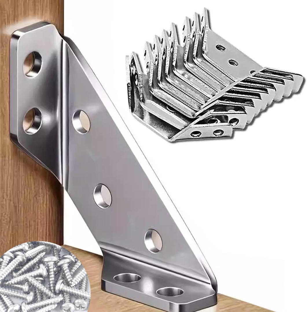 3 x Heavy Duty Stainless Steel Furniture Corner Connectors - Triangle Bracket with Drill and Screws, Universal for Wood Furniture, Drawers, Cabinets, Tables, and Chairs