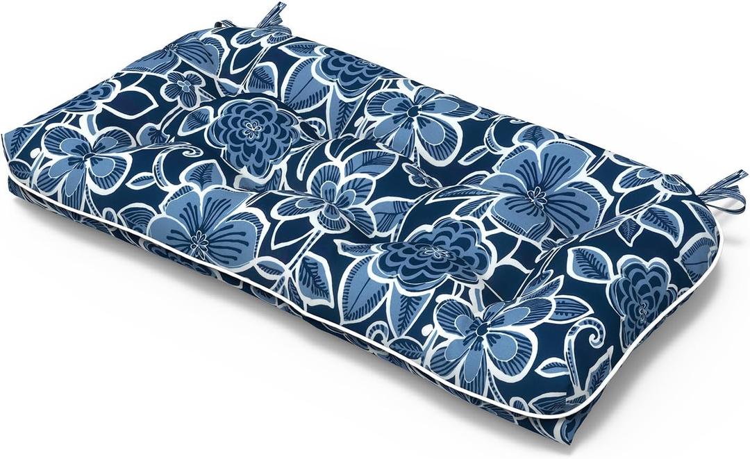 Tufted Bench Cushion for Outdoor Furniture, Patio Swing Cushion 44 x 19 x 5 Inch, Overstuffed Outdoor Chair Cushion for Garden Loveseat Lounge Storage, 1 Pack,Flower Navy