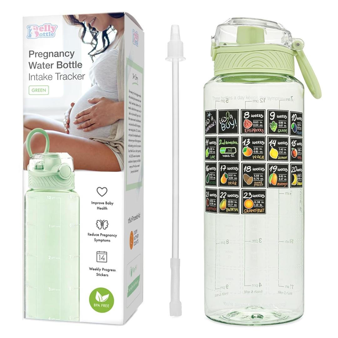 BellyBottle Pregnancy Water Bottle Tracker Must Haves for Expecting Moms Nausea Relief + Straw + BPA Free Green