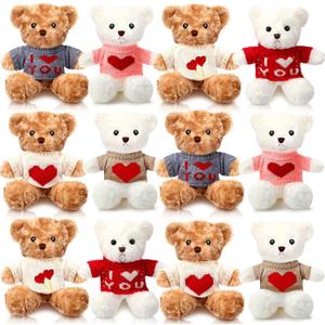 Hungdao 12 Pcs Set of Stuffed Bears, 10 Inch Valentines Day White Brown Stuffed Bears Small Soft Plush Animals with Cute Clothes for Valentines Day Gift Birthday Party Favors