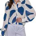Floerns Women's Button Down Sheer Chiffon Blouse Shirts Long Sleeve Collar See Through Blouse Tops (Large, Blue)