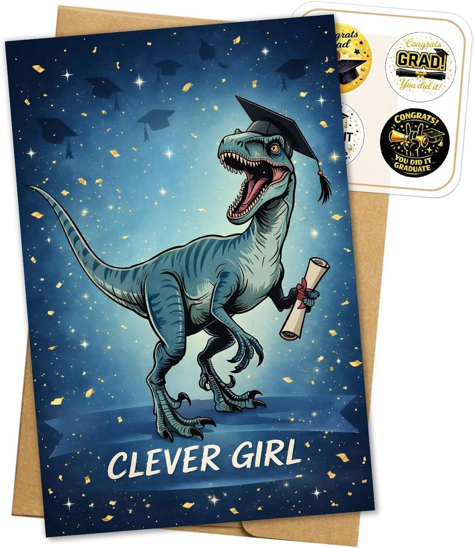 2 x Clever Girl Graduation Card 2026 Funny Dinosaur Happy Graduation Cards Gift for High School Student Daughter Son Him Her Friends Gifts Congratulations Graduate Diploma Grad Greeting Card 5.3''x8", 8x5.3 Inch