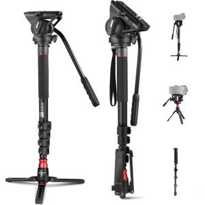 NEEWER Professional Camera Monopod with Feet, 70.5"/179cm Telescopic Portable Aluminum Travel Monopod with Pan Tilt Fluid Head and Removable Tripod Base for DSLR Camera Camcorder, Max Load 13.2lb/6Kg
